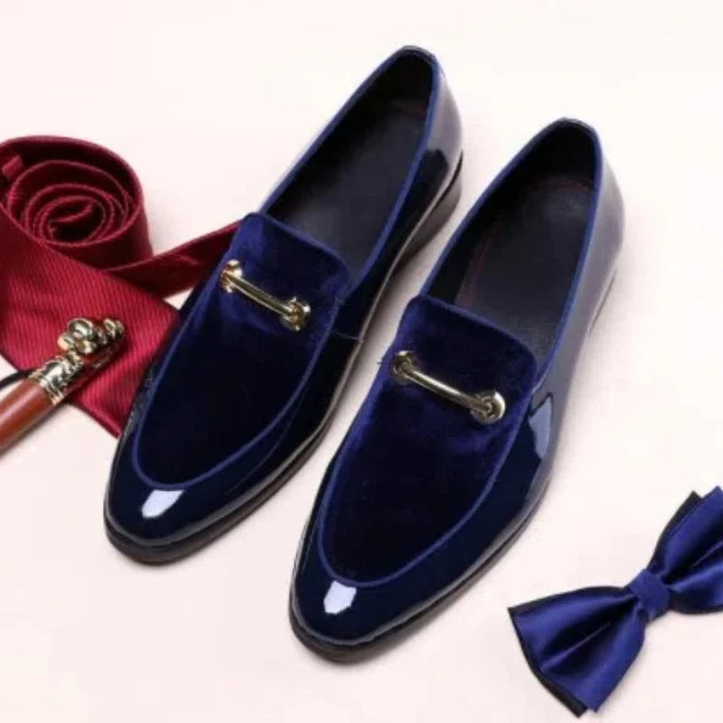 Mens Formal Navy Blue Velvet Patent Leather Loafers With Gold Horsebit Accent Flat Heel Comfortable Non Slip Breathable Business