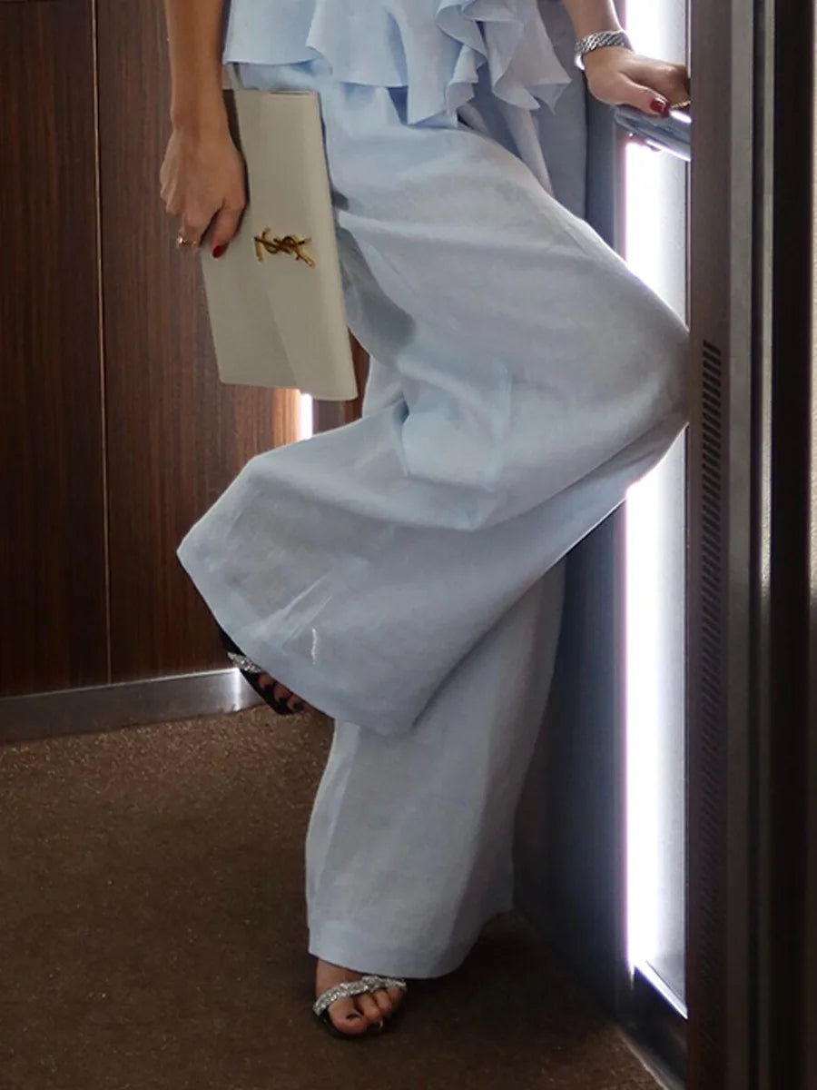 Bornladies 2026 Spring Summer New Cotton Solid Color Blue Set Ruffle Button Strap Top Casual Long Wide Leg Pants