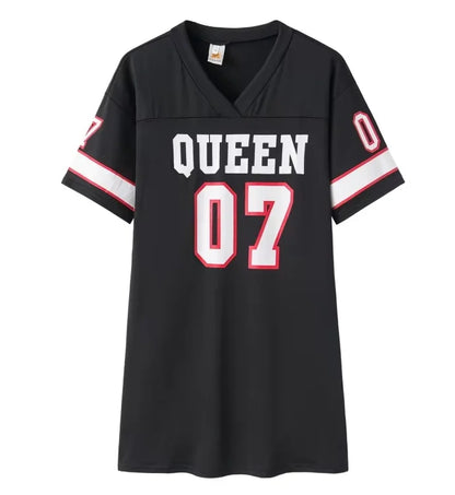 2025 New Fashion V-Neck Queen Letters Print Dress Short Sleeve Basketball Sporty Style Sexy Loose Female Clothing Streetwear