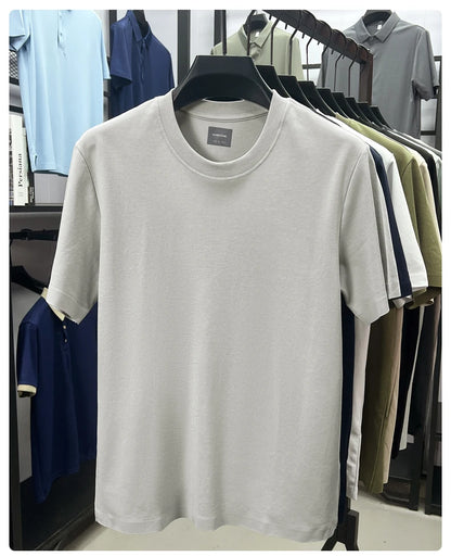 High quality luxury short sleeve T-shirt summer breathable cool silk cotton fashion solid color round neck top casual men's wear