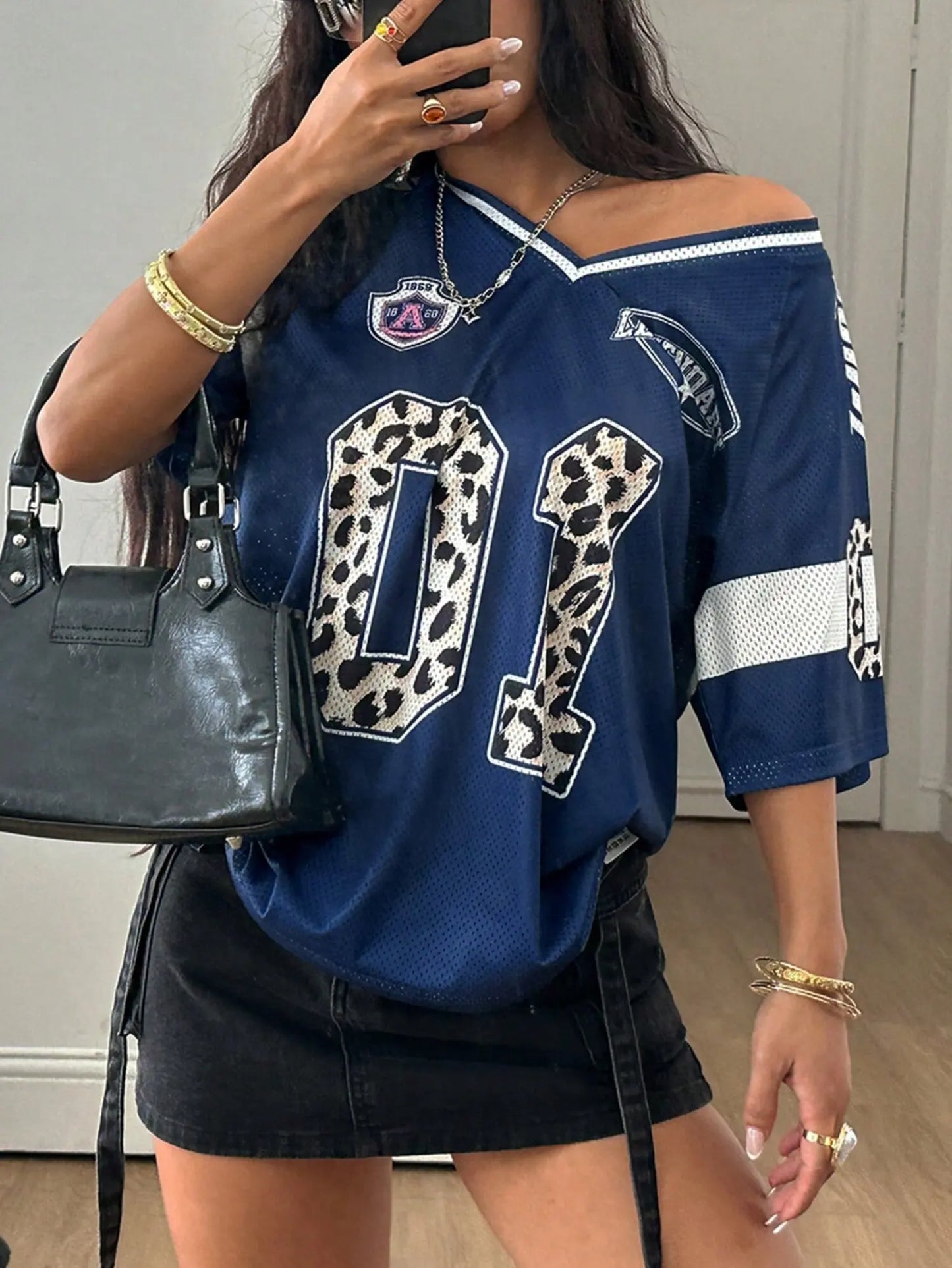 Women's Summer Going Out Streetwear Y2K Leopard Print Number Graphic Jersey Short Sleeve V Neck T Shirt Sporty Casual Tops