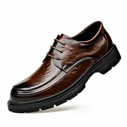 Mens Black Genuine Leather Wrinkled Lace Up Chunky Sole Formal Business Oxfords Casual Daily Wear Dress Shoes Stylish And Simple