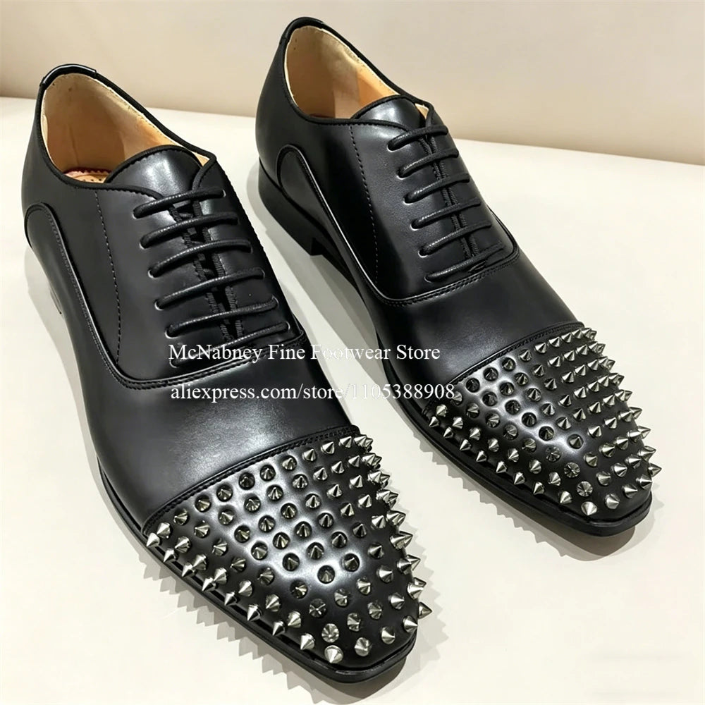 Spike Studs Leather Dress Shoes Lace up Black Alpha Male Gentleman Oxford Shoes Classic Formal Shoes Punk Rock Style Party Wear