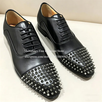 Spike Studs Leather Dress Shoes Lace up Black Alpha Male Gentleman Oxford Shoes Classic Formal Shoes Punk Rock Style Party Wear