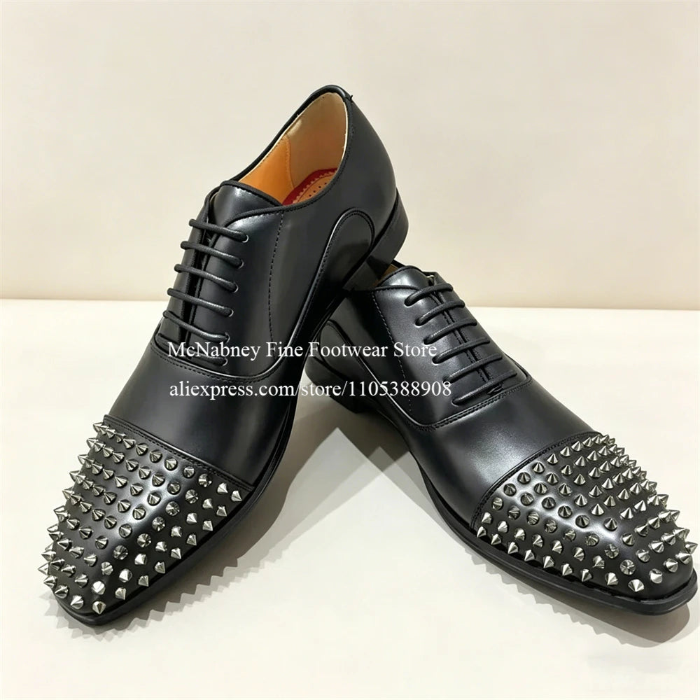 Spike Studs Leather Dress Shoes Lace up Black Alpha Male Gentleman Oxford Shoes Classic Formal Shoes Punk Rock Style Party Wear