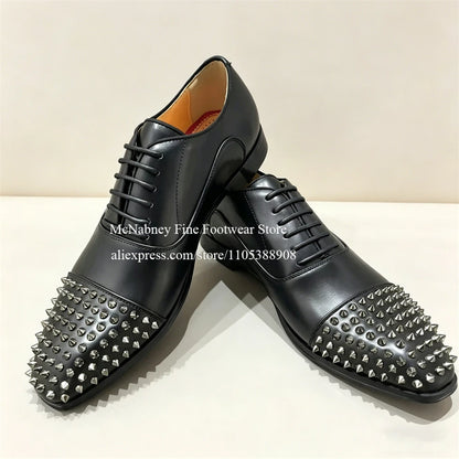 Spike Studs Leather Dress Shoes Lace up Black Alpha Male Gentleman Oxford Shoes Classic Formal Shoes Punk Rock Style Party Wear