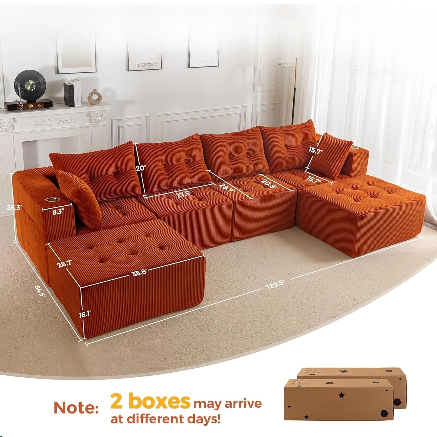 129.5" U Shaped Modular Sectional Sofa 2 Ottomans Tufted 6 Seat Cloud Sleeper Chair Living Room No Assembly, Custom