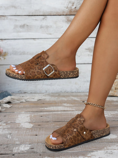 Women's Casual Retro Animal Snake Print Slippers and Sandals - Stylish Buckle Single-Strap Design, Non-Slip Pvc Sole, Comfortable Pu Upper, Suitable for Casual Beach Wear, Indoor and Outdoor Outfits, Spring and Summer Series