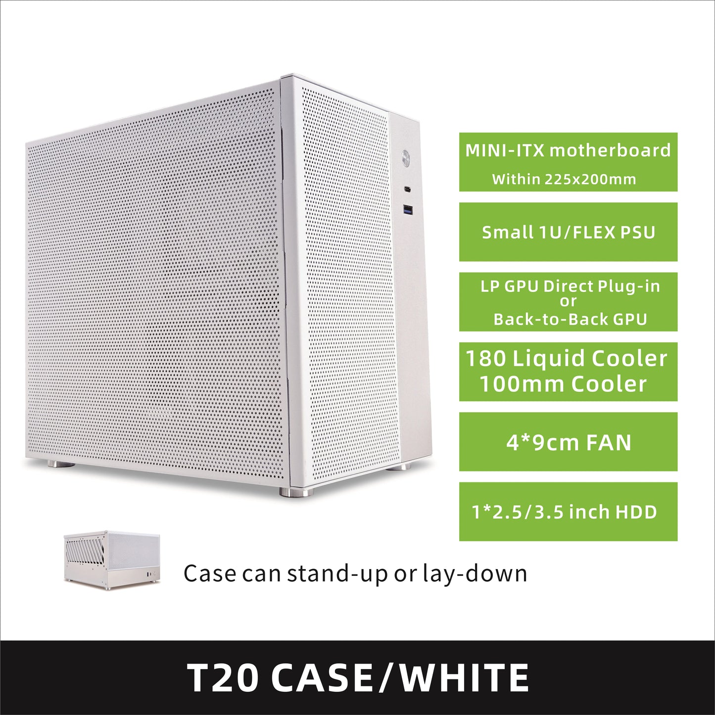 METALFISH T20 Mini ITX White Case 9L Compact PC Chassis Support Flex PSU/240mm GPU/100mm Cooler/180 Liquid Cooler