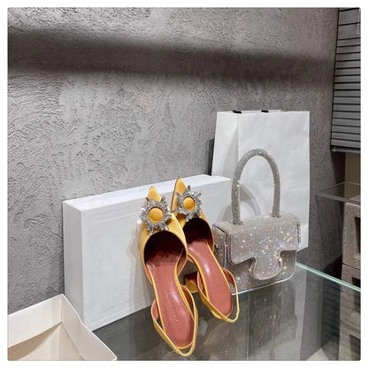 2025 European and American Women's New Silk Sunflower Crystal Diamond Buckle High Heels Horseshoe Heel Women's Sandals