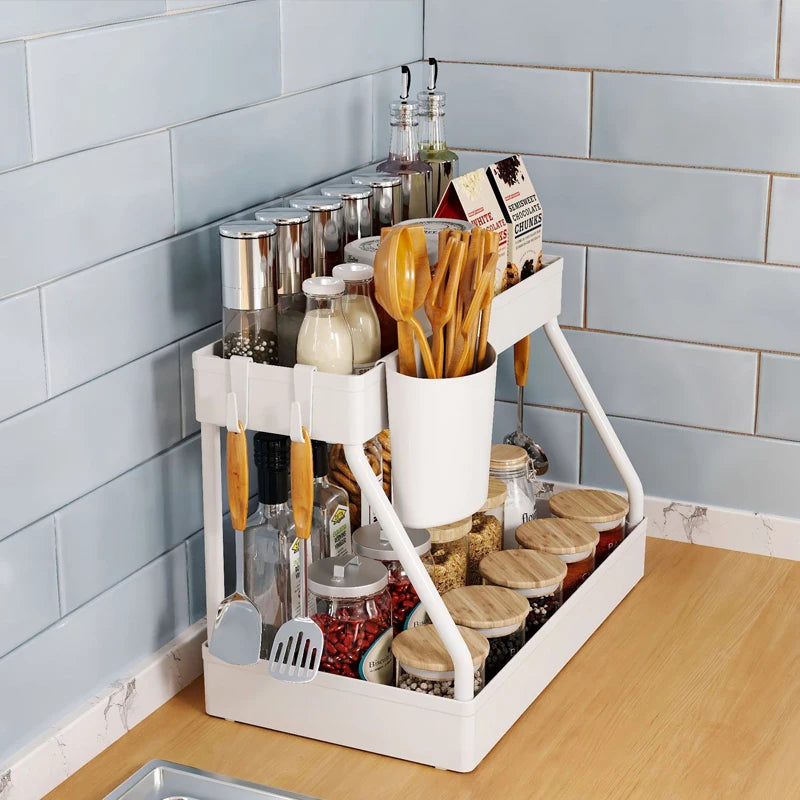 Double Layer Sliding Under Sink Storage Rack with Hanging Hooks Multifunctional Kitchen Bathroom Cabinet Organizer Rack