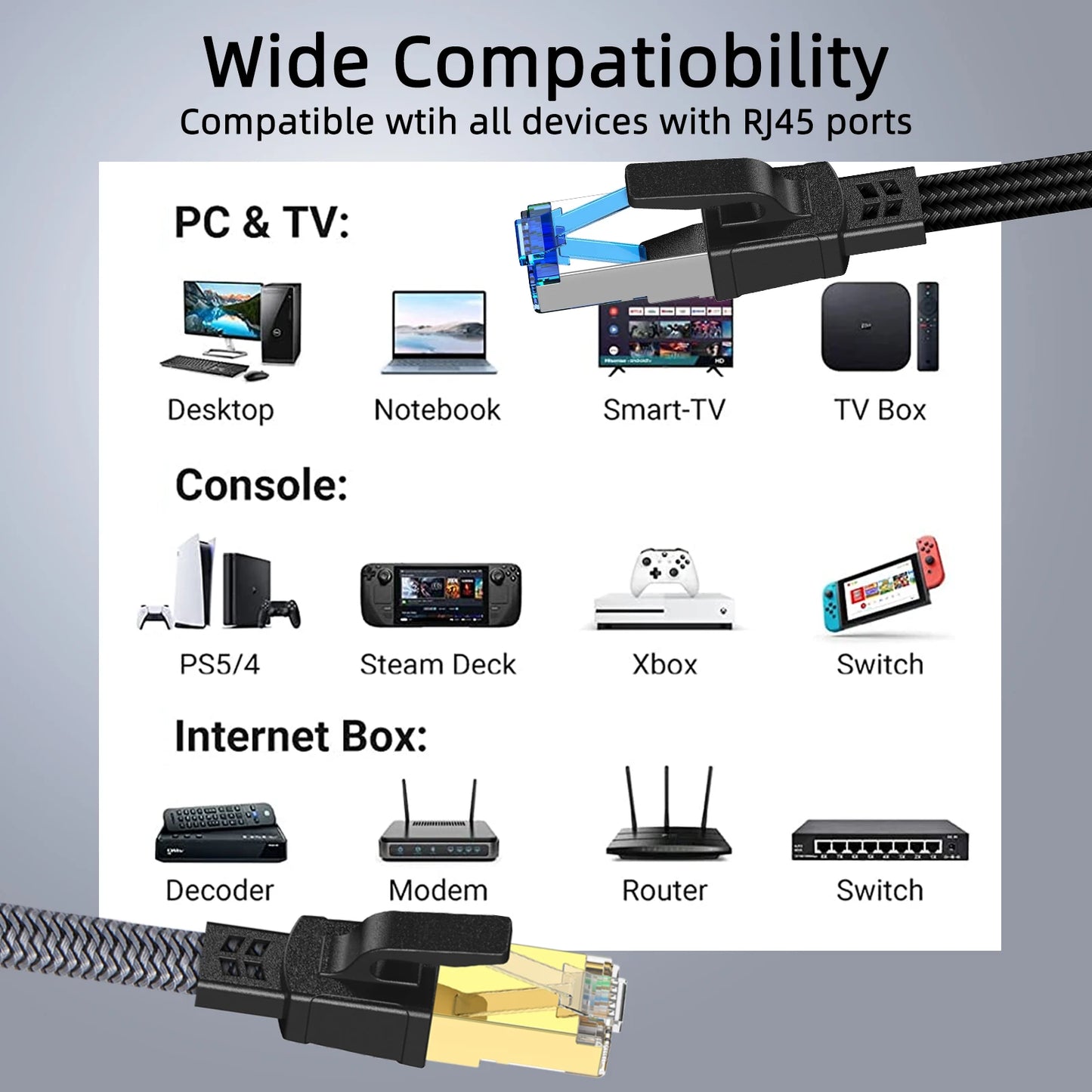 Cat 8 Ethernet Cable 40Gbps Nylon Braided Flat LAN RJ45 Cable 1M 2M 30M for Router Modem Laptop PC PS5 High Speed CAT8 Cable
