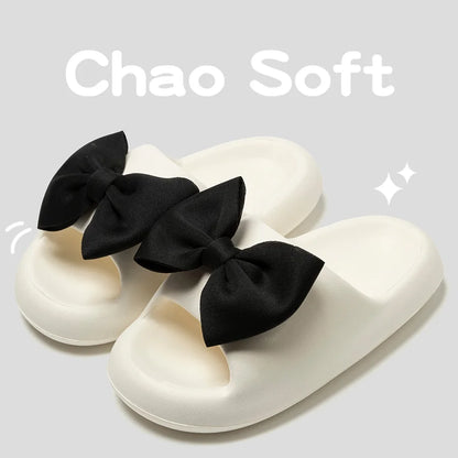 Fashion Bow Tie Slippers for Women Outdoor Thick Soft Sole Slippers Non Slip Slides Sweet Girls Beach Open Toe Shoes