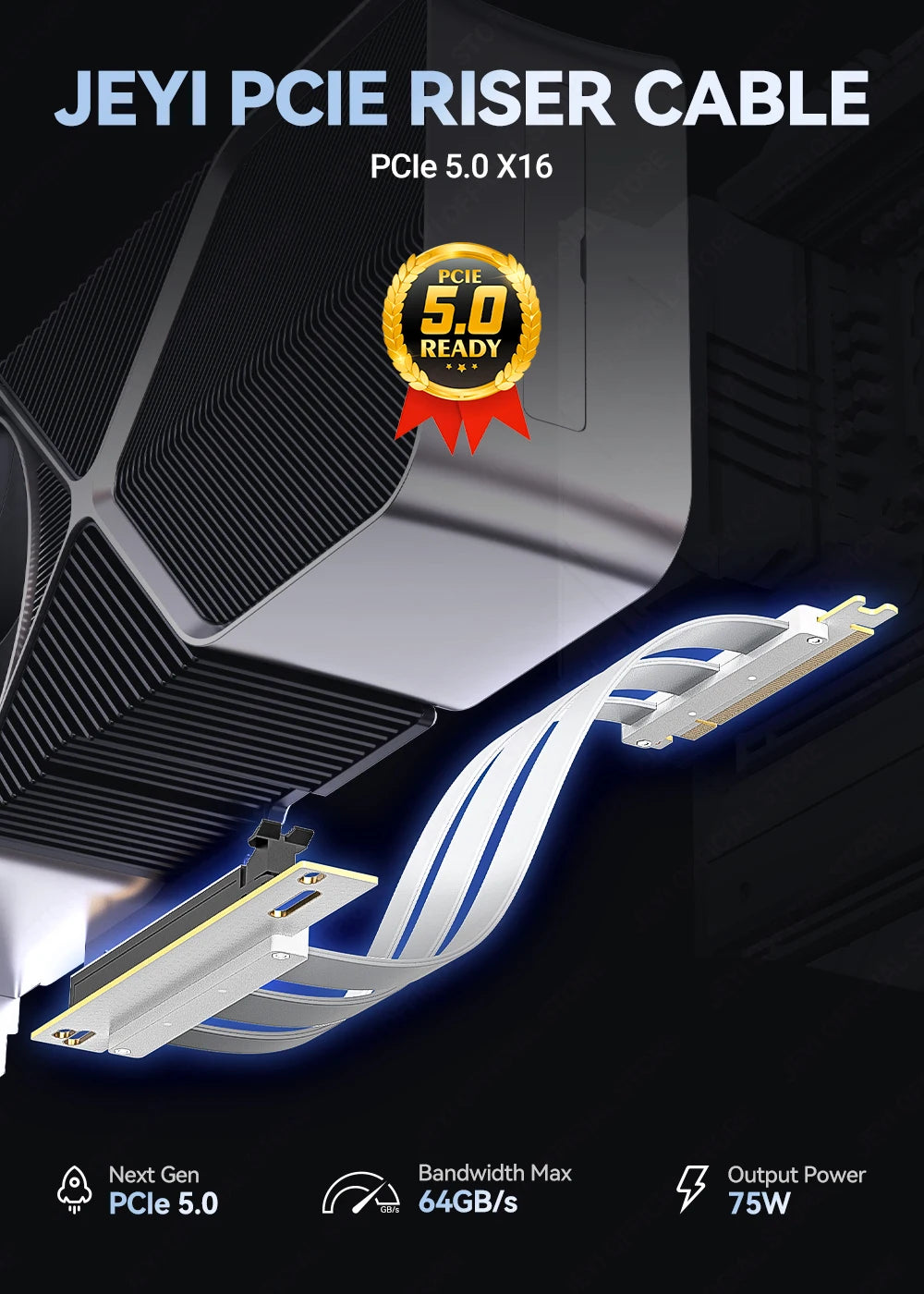 JEYI PCIe 5.0 X16 Riser Cable - 90° GPU Extension for RTX 5090/4090 & RX 7900 XTX, Mining Rig, WRX80/TRX40, 15cm/18cm/20cm/30cm