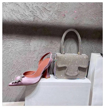 2025 European and American Women's New Silk Sunflower Crystal Diamond Buckle High Heels Horseshoe Heel Women's Sandals