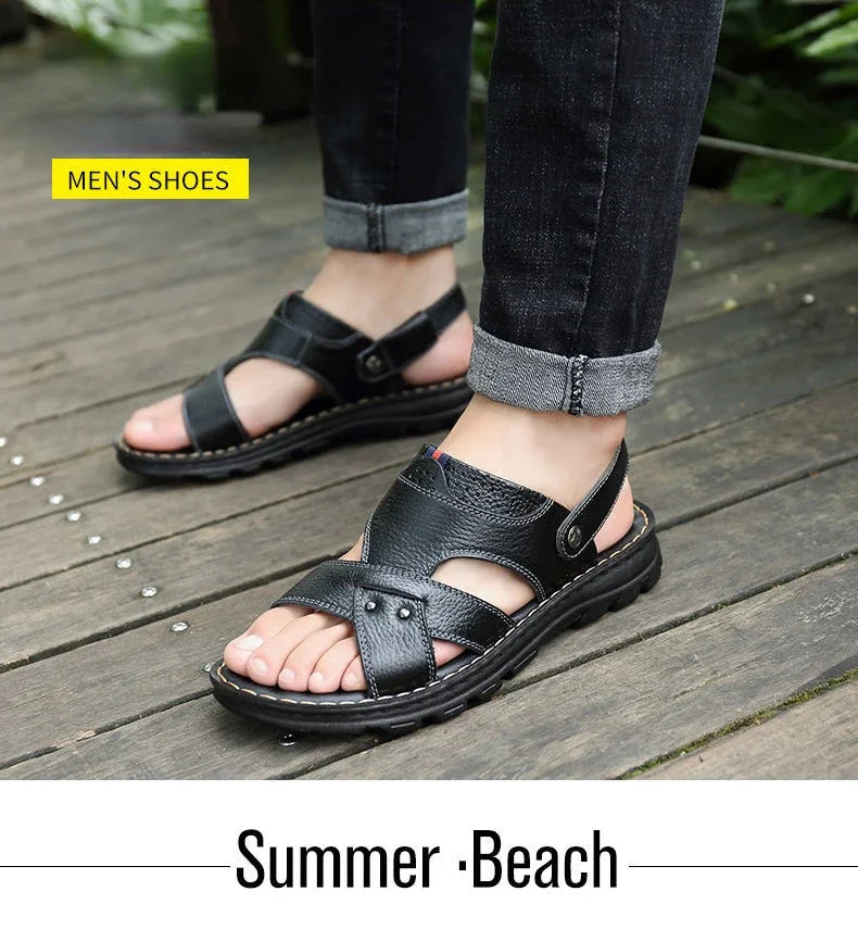 Summer New Men's Leather Sandals, Leather Anti Slip Men's Shoes Slippers, Outdoor Thick Soled Beach Shoes Men's Shoes Sandals