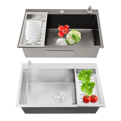68×45cm Sink with V-shaped Drainer and Drain Basket and Soap Dispenser Anti-overflow Kitchen Sink Stainless Steel Sink