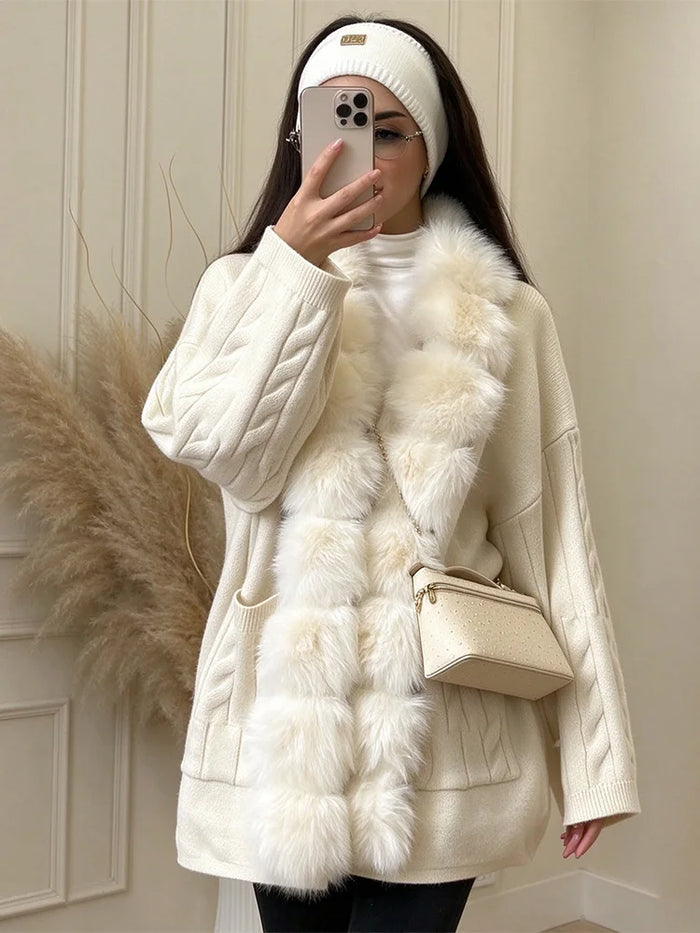 Cable Knit Cardigan with Faux Fur Collar