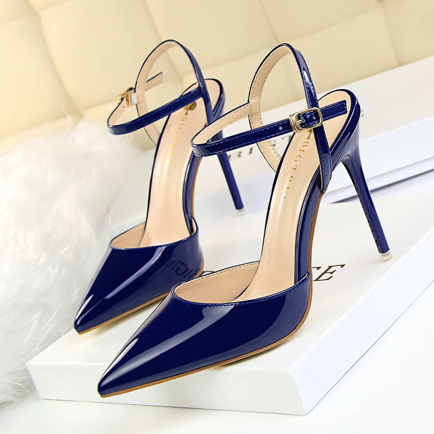 Women High Heels Sandals Metallic Gray Patent Leather Stripper Ankle Strap Wedding Nightclub Pointed Toe Party Valentine 86-1