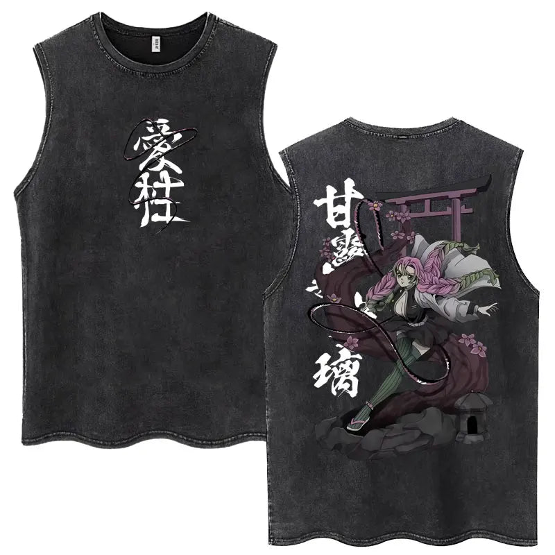 Washed Anime Demon Slayer Hashibira Inosuke Mask Face Tank Tops Men Women Vintage Fashion Cotton Sleeveless T Shirts Streetwear