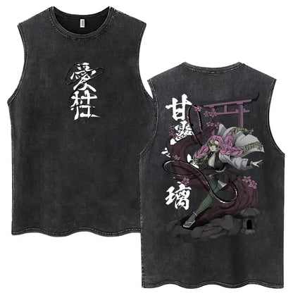 Washed Anime Demon Slayer Hashibira Inosuke Mask Face Tank Tops Men Women Vintage Fashion Cotton Sleeveless T Shirts Streetwear