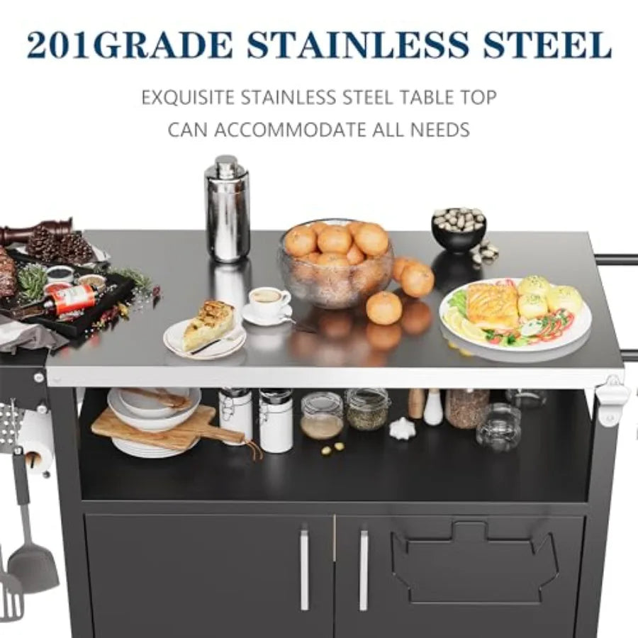 Outdoor grill cart for patio kitchen island use, black steel with foldable tabletop and storage cabinet, movable on wheels for