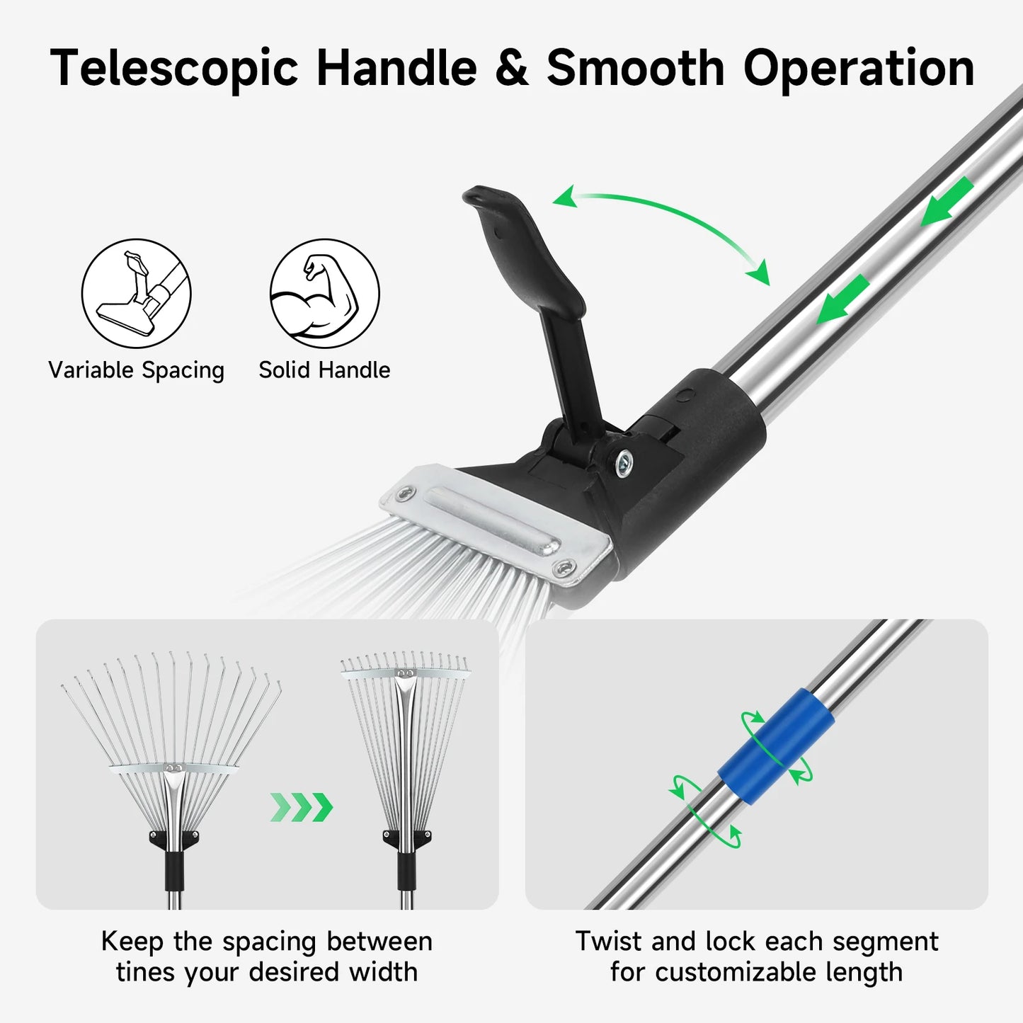 160CM Metal Garden Rake With Adjustable Handle for Leaves, Thatch, and Lawns - Heavy Duty Leaf Collector for Garden and Yard