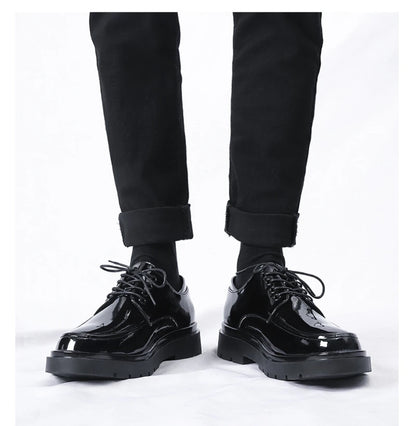 Mens Black Patent Leather Perforated Lace Up Chunky Platform Oxford Shoes Breathable Casual Business Formal Summer Dress Shoes