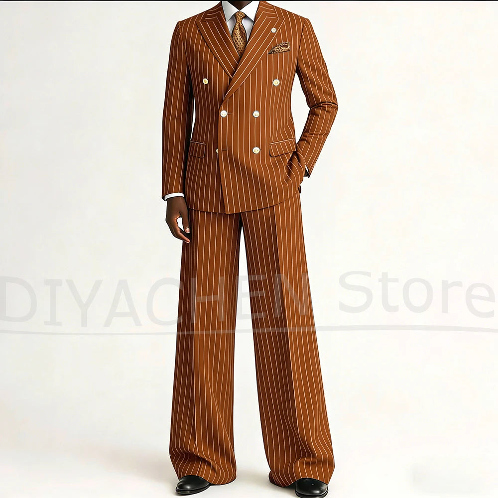 Men's Striped Double Breasted Suit Set Fashion Peak Lapel Formal Outfits 2 Piece Wedding Business Events Casual Male Suit