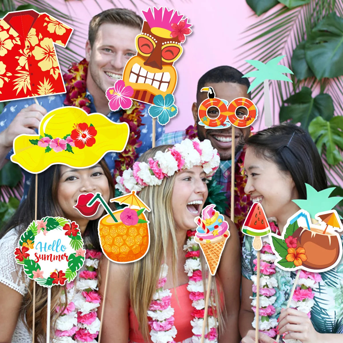 Hawaiian Party Photo Props Decorations Summer Beach Tropical Flamingo Party Supplies Aloha Banner Hawaiian Party DIY Supplies