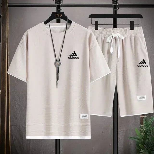 Men's casual short sleeved T-shirt and sports shorts, breathable comfortable running waffle set, summer fashion, 2026