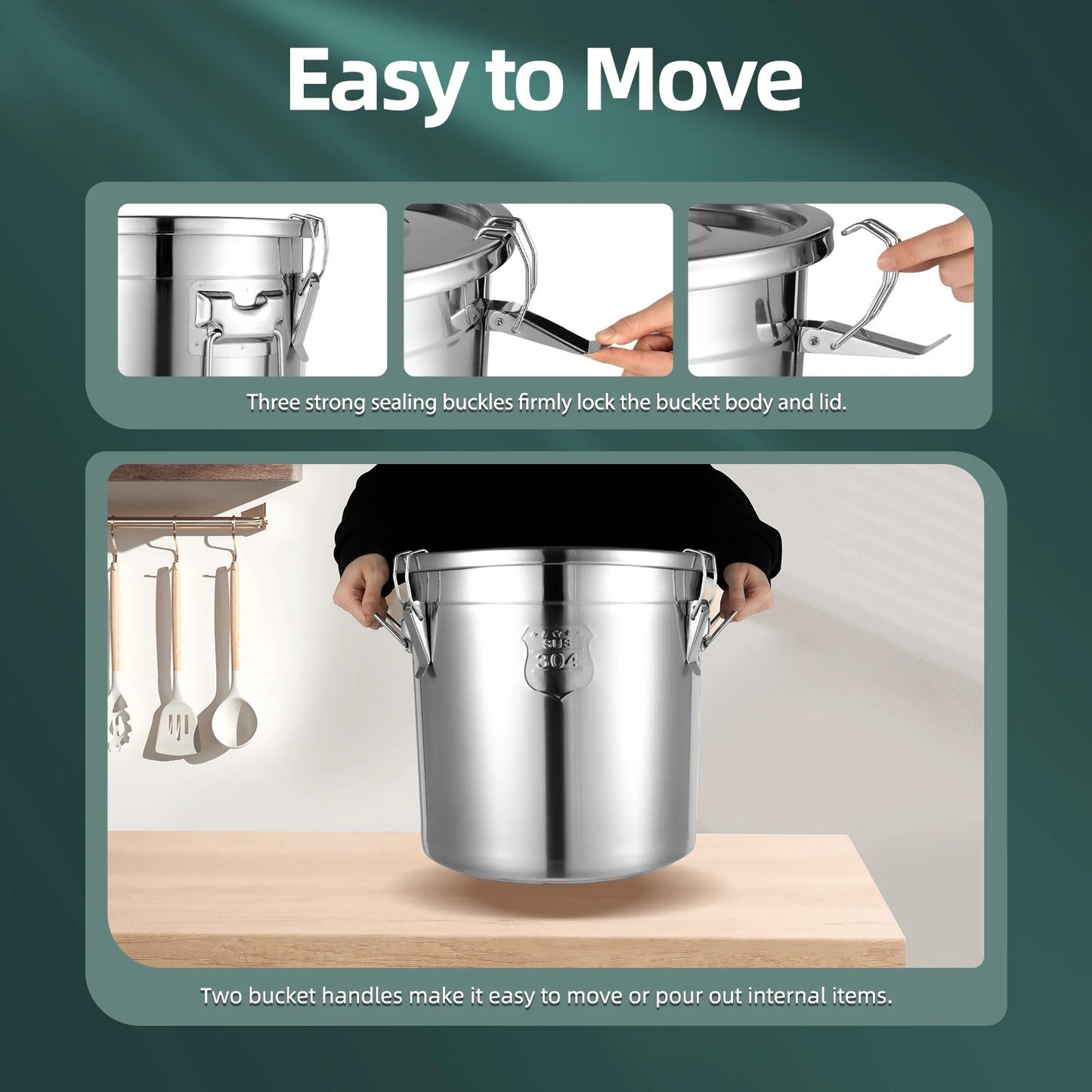 Airtight Food Storage Container 33L Large Capacity, 304 Stainless Steel Bucket with Locking Lid for Rice, Flour, Cereals