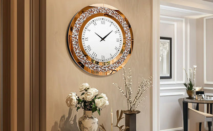 Silver,Tawny Tinted Round Mirror ,24inch Crystal Sparkle Twinkle Bling Crush Diamond Large Mirrored Wall Clock for Living Room