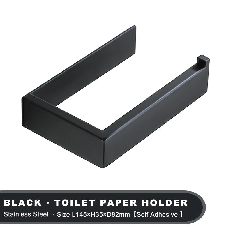 Self Adhesive Toilet Paper Holder Black Matt Stainless Steel Square Tissue Holder For Bathroom Storage Wc Accessories No Drill