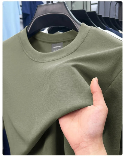 High quality luxury short sleeve T-shirt summer breathable cool silk cotton fashion solid color round neck top casual men's wear