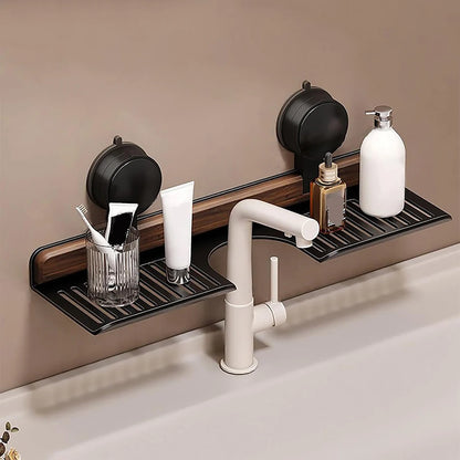 Walnut Suction Cup Bathroom Shelf No Drilling Faucet Organizer Rack Over Faucet Sink Rack Bathroom Accessories