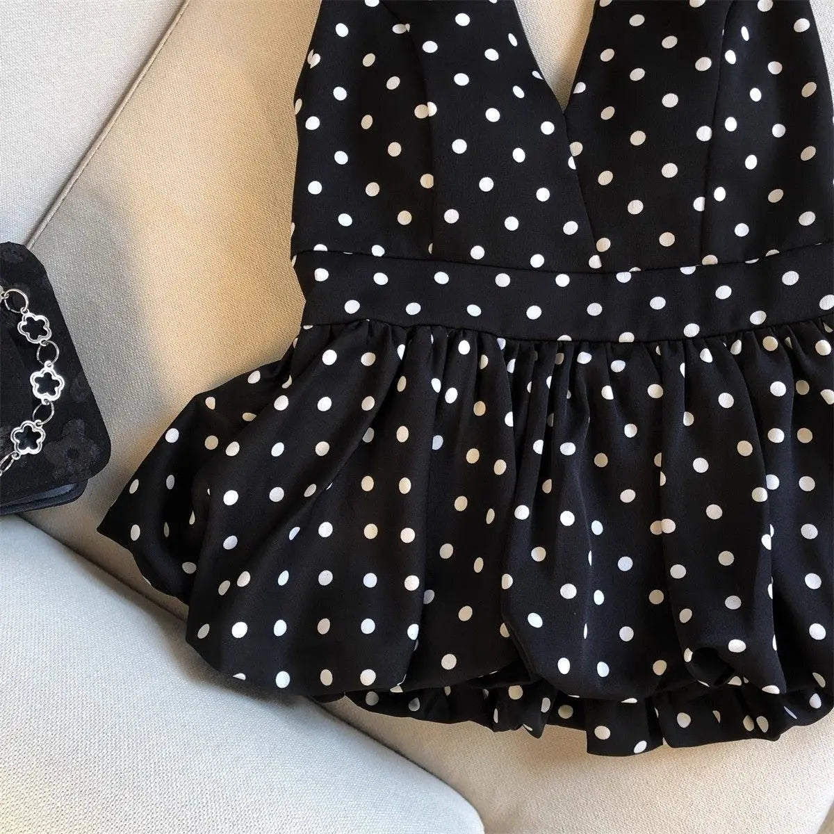 Backless Sexy Halter Beach Babydoll Crop Tops Women Polka Dots V Neck Sleeveless T Shirt Ruffles Basic Tees Not-Padded Pad