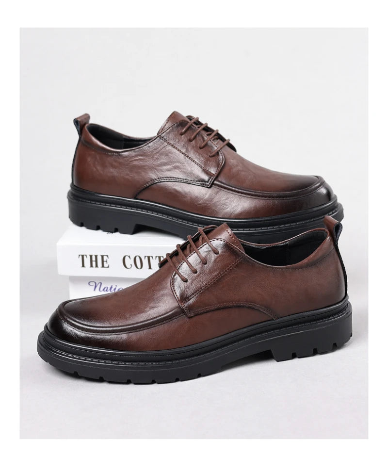 Mens Black Wrinkled Leather Apron Toe Lace Up Dress Shoes Thick Lug Sole Chunky Formal Business Office Work Daily Wear Shoes