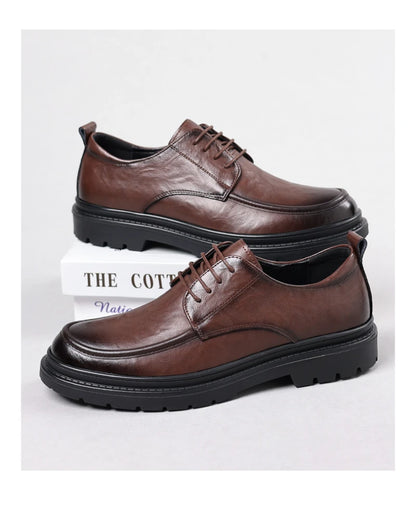 Mens Black Wrinkled Leather Apron Toe Lace Up Dress Shoes Thick Lug Sole Chunky Formal Business Office Work Daily Wear Shoes