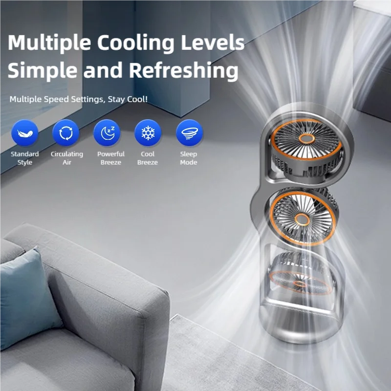 TINSOL Portable Three-Head Fan, 360° Wind Direction Adjustment, Five-Speed Wind, Dormitory and Outdoor Desktop Fan