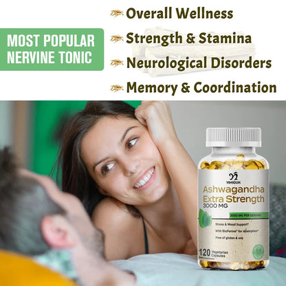 Organic Ashwagandha Root Extract Capsule, Ashwagandha Supplement Help Stress, Focus, Brain, Energy Support Sleep Health
