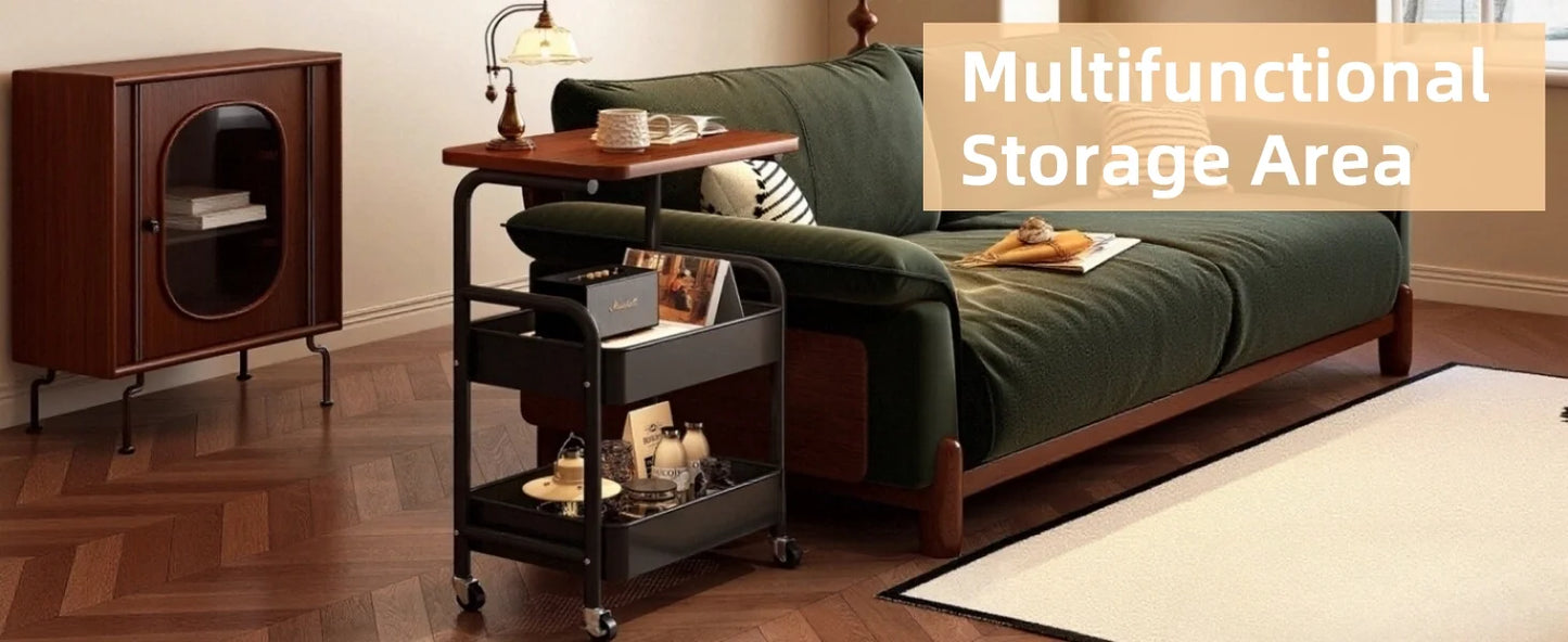 Three-Tier Metal Rolling Multi-Purpose Storage Cart with Walnut Wood Tabletop, Stable and Durable, with Two Lockable Wheels, Suitable for Kitchen, Bathroom, Snacks, Coffee, Crafts, Cosmetics and Baby Products