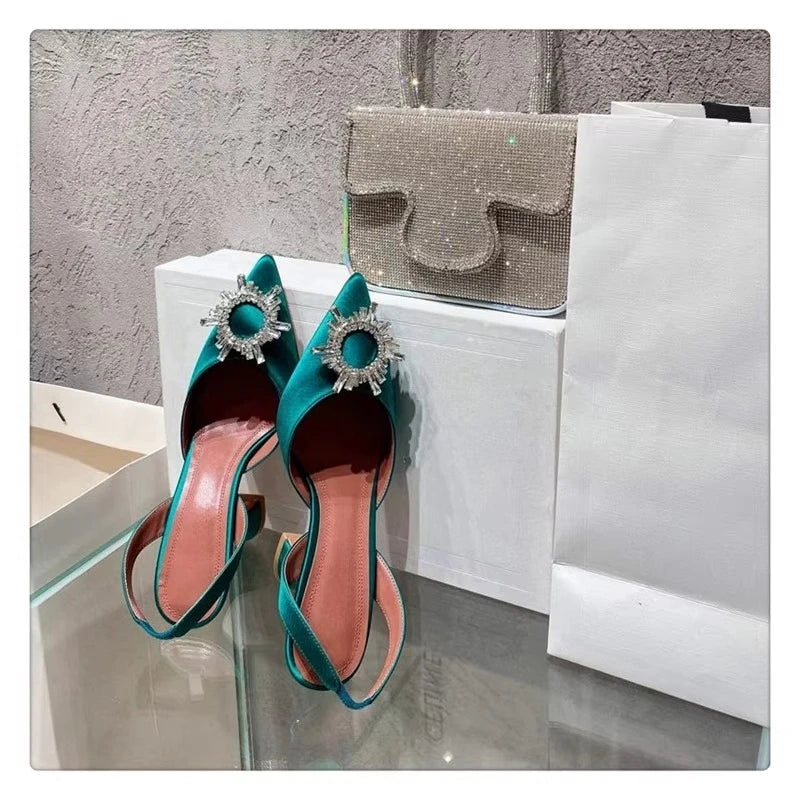 2025 European and American Women's New Silk Sunflower Crystal Diamond Buckle High Heels Horseshoe Heel Women's Sandals