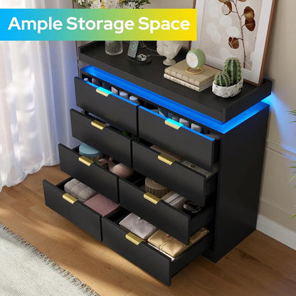 Modern Large Wooden 8 Drawer Bedroom Dresser, Storage Chest Integrated with LED Lights and Convenient Power Outlet, Customized