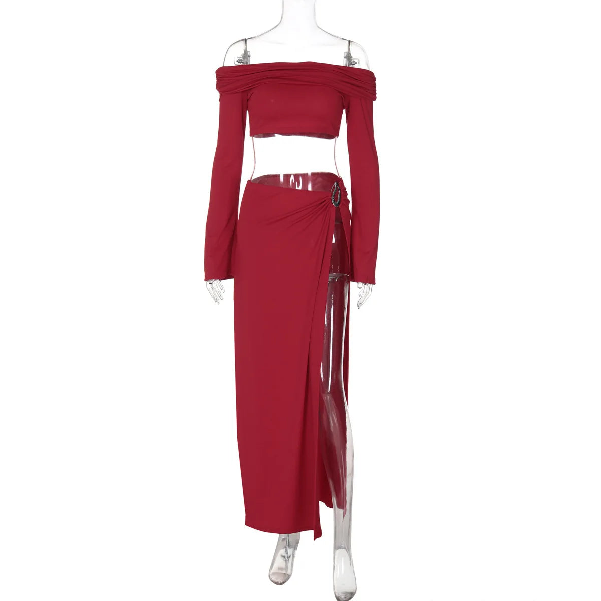 Leosoxs Women's Solid Beach Skirt Sets Sexy High Split Slim Bohemian Outfits Off The Shoulder Holiday 2 Piece Set 2025 Beachwear