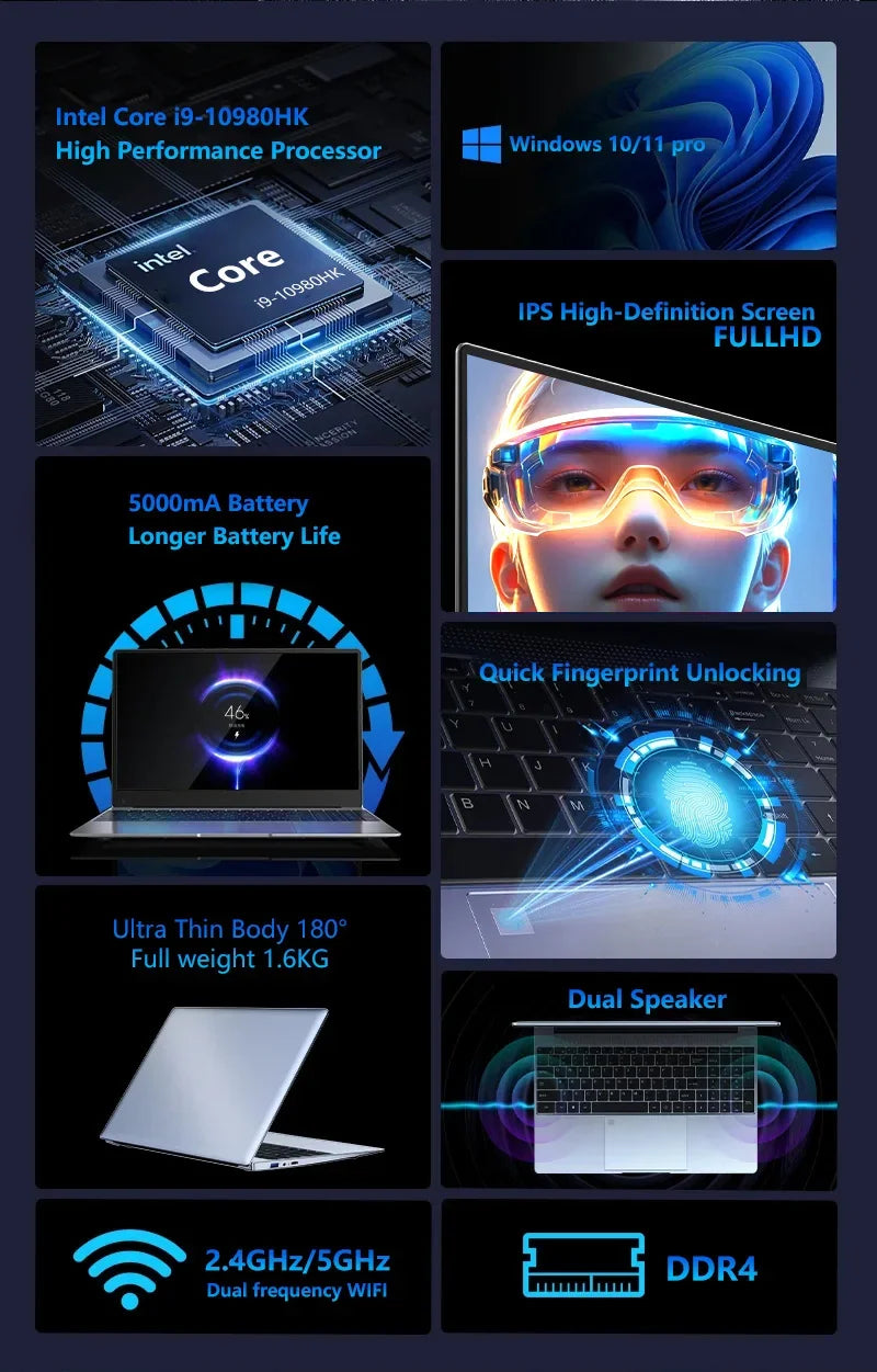 15.6 Inch Laptop Intel Core i9 10980HK Windows 11 Pro 32GB DDR4 M.2 2TB SSD Ultrabook Computer Fingerprint Unlock WIFI Fast