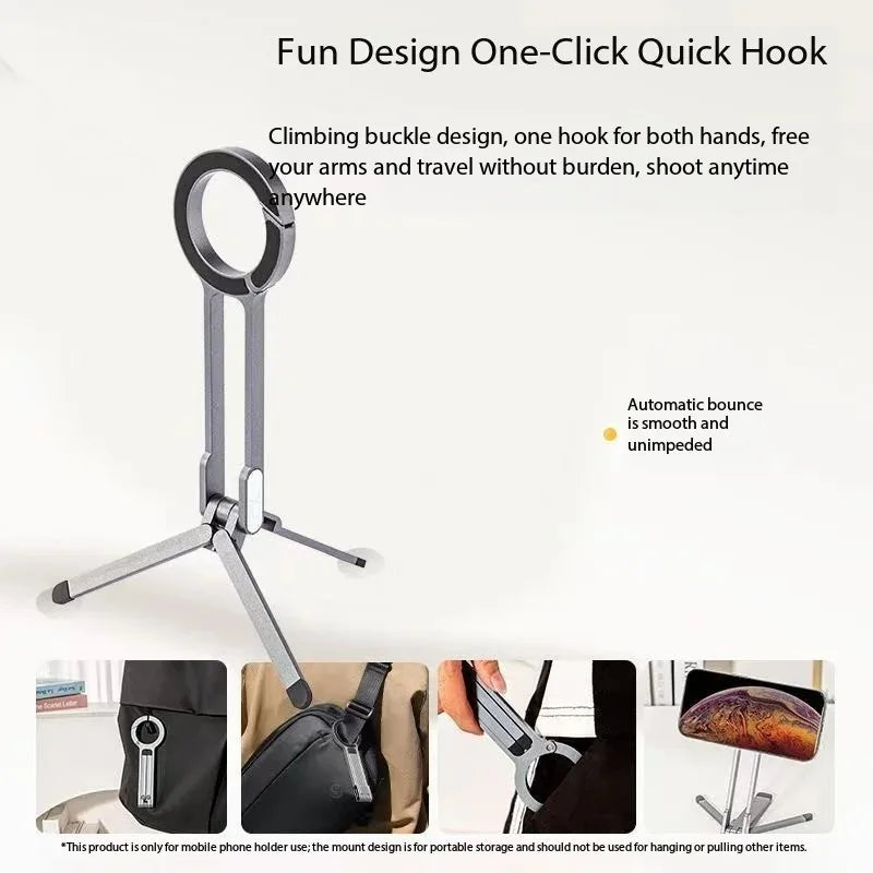 Portable Foldable Phone Tripod Carabiner-Mounted for Magsafe Phone Dual-sided Magnetic Phone Bracket for Live Streaming Selfie