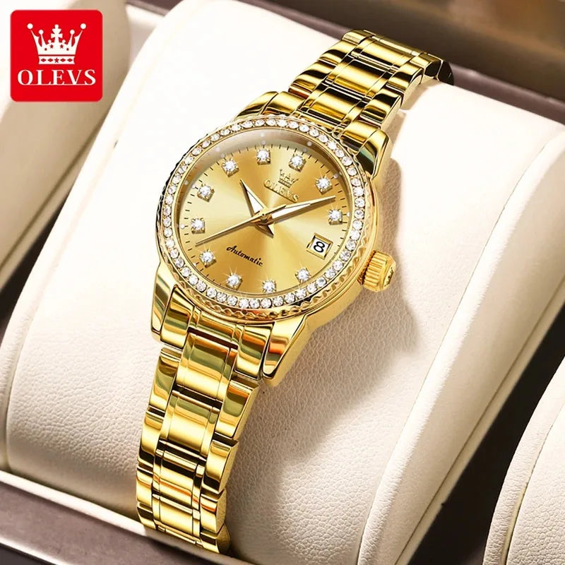 OLEVS 7003 Women Automatic Watch Waterproof Luminous Calendar Mechanical Ladies Wristwatch Steel Strap Luxury Watch Women