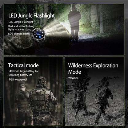 2026 New Military 1400mAh Battery Smart Watch Men Outdoor Flashlight 10ATM Waterproof Heart Rate Bluetooth Call Sports Bracelets
