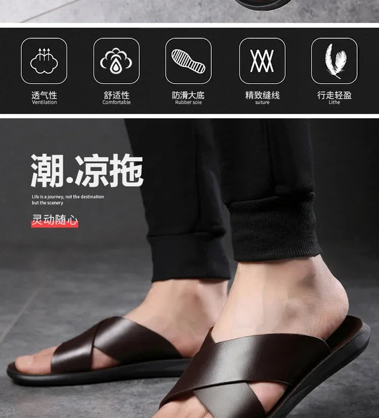 Sandals for Men Slippers Genuine Leather Luxury Brand Fashion  Men Flats Casual Non-slip Beach Sandalia Zapatos Hombre 2024